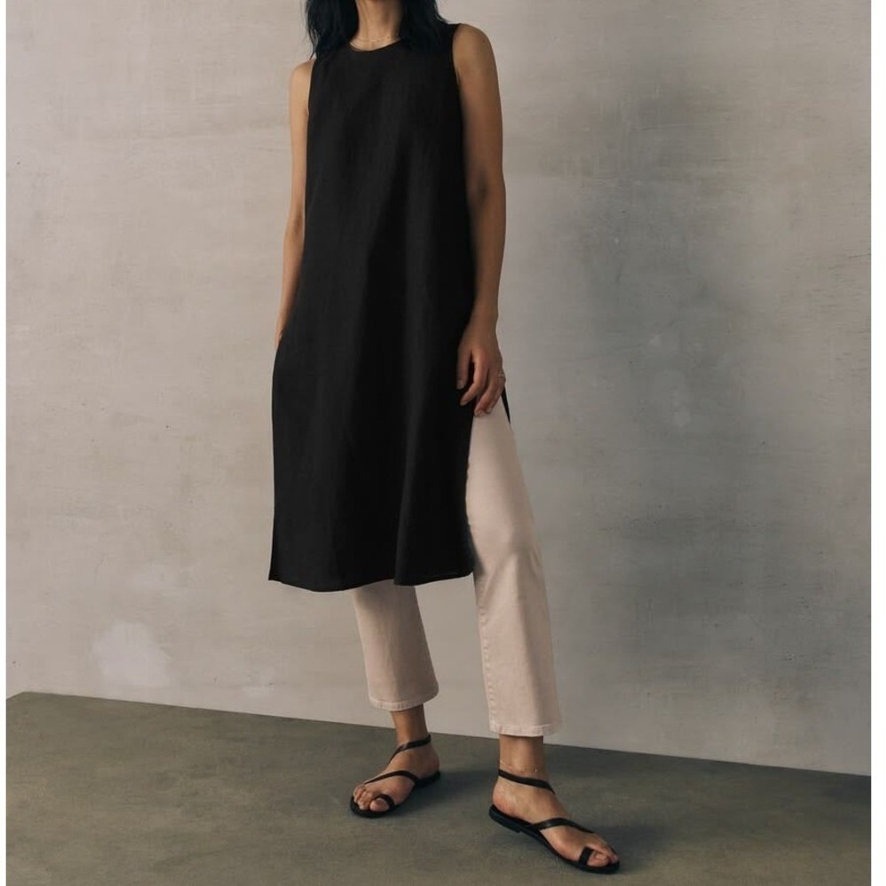Eileen Fisher Cocoon Tunic Top XS Midi Minimalist Slit Jersey Lagenlook Black